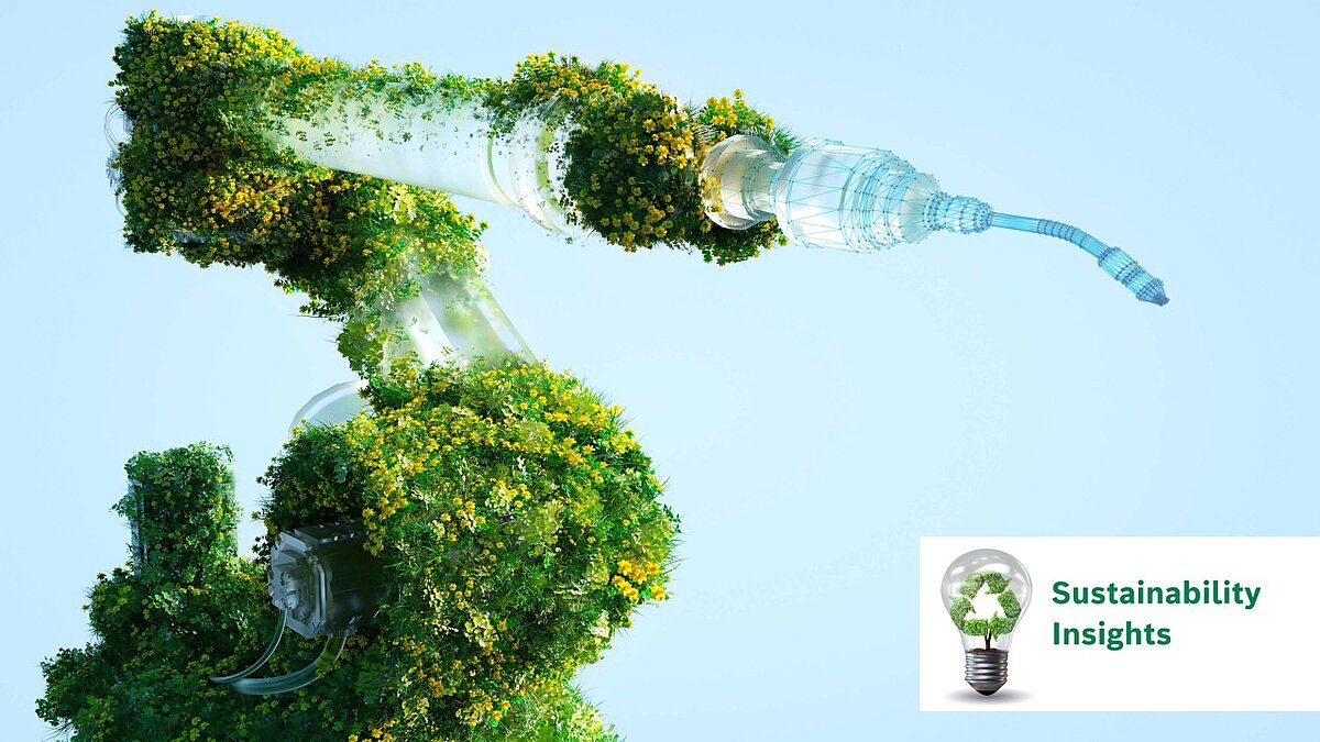 Robotic arm covered with plants, symbolizing sustainable manufacturing and green technology innovation.