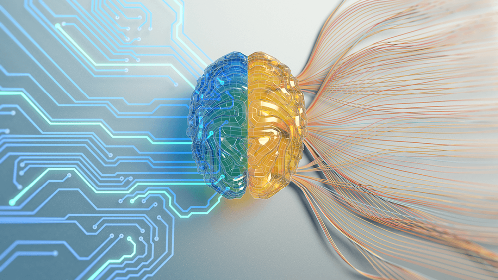Digital AI brain with neural network, representing artificial intelligence, data processing, and smart manufacturing technologies.