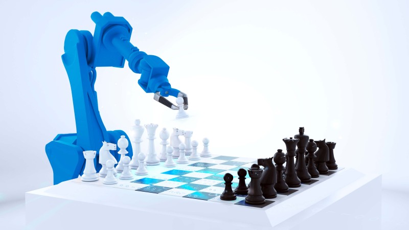 Robotic arm playing chess, symbolizing artificial intelligence strategy, automation, and decision-making in advanced technology.